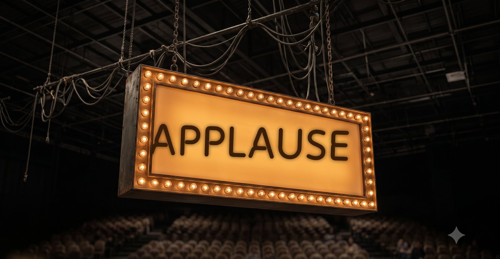 A lit APPLAUSE sign hanging over the studio audience