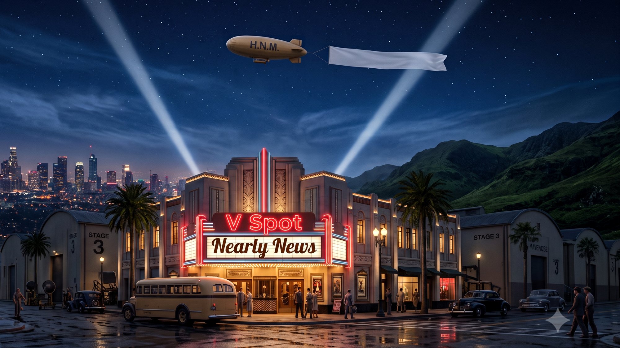 V Spot Studios backlot at night: the theatre marquee, searchlights, and the blimp