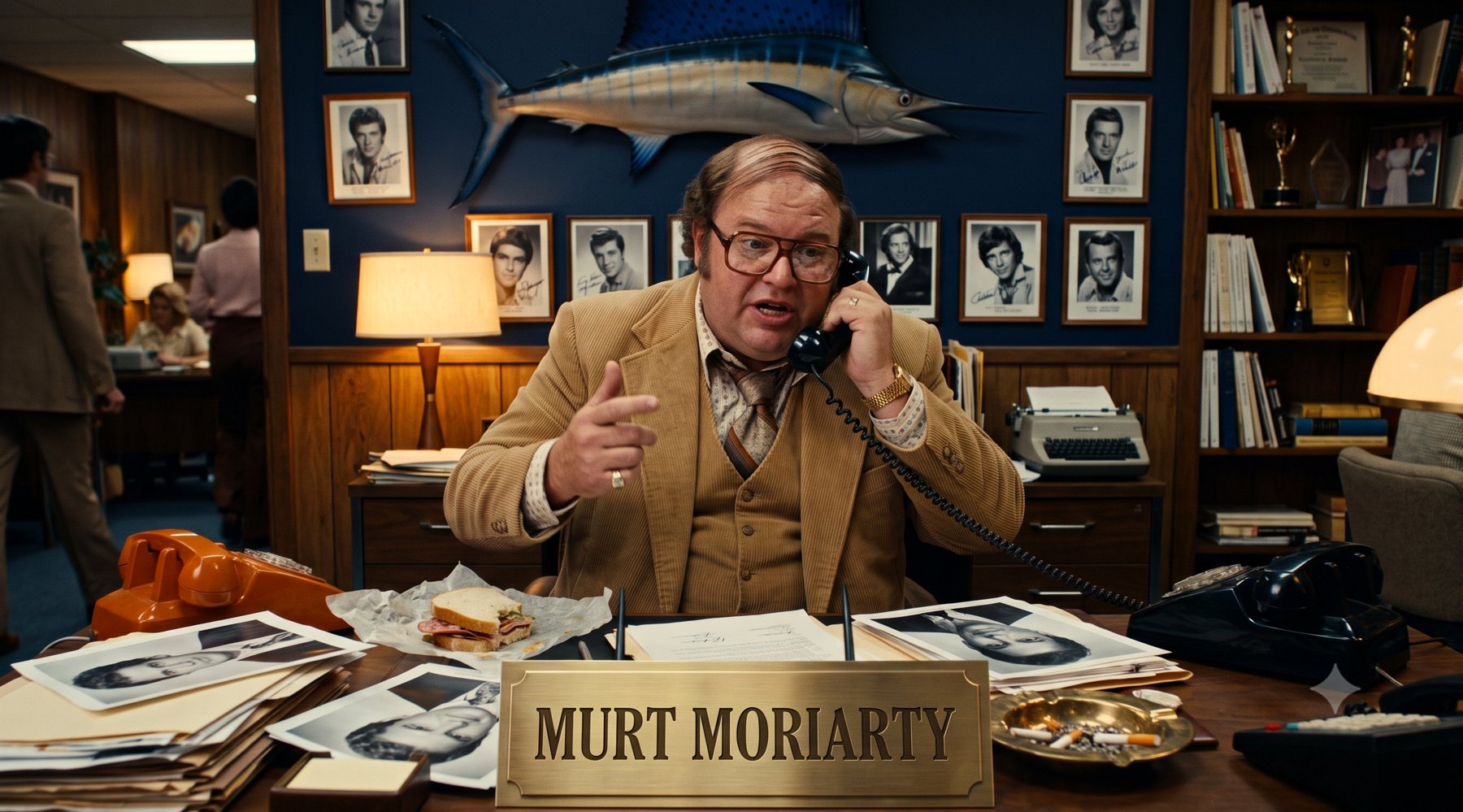 Murt Moriarty at his desk, on the phone, mid-negotiation