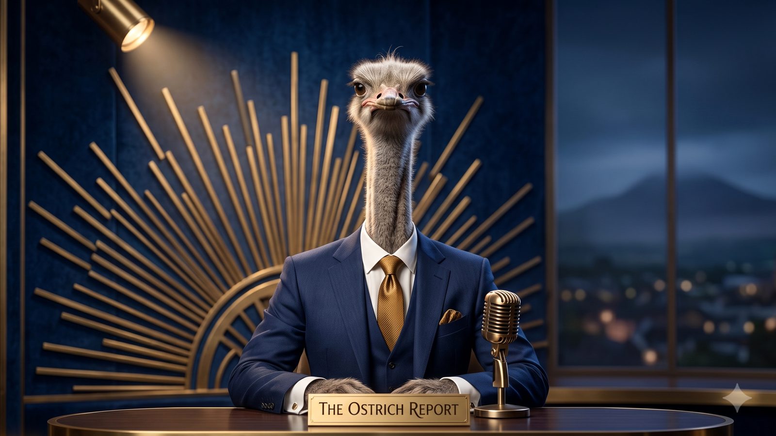The Ostrich Report anchor at his desk