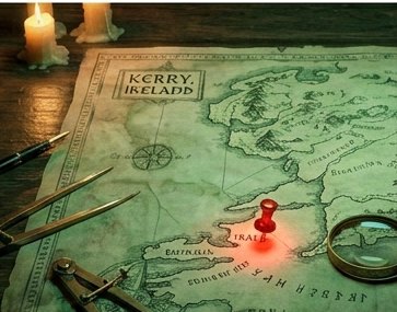 A candlelit map of Kerry with a red pin on Tralee